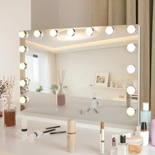 Produktbild: YU YUSING Hollywood Schminkspiegel mit Beleuchtung, 15 LED Licht Dimmbar Kosmetikspiegel 3 Modi, Vanity Spiegel Badspiegel Tischspiegel Wandspiegel mit 10X Vergrößerung für Schlafzimmer Schminktisch