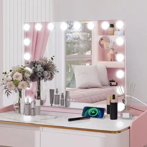 Produktbild: YU YUSING Hollywood Schminkspiegel mit Beleuchtung, 18 LED-Licht Dimmbar Kosmetikspiegel 3 Modi, Vanity Spiegel Tischspiegel Wandspiegel mit 10X Vergrößerung (Rosa)