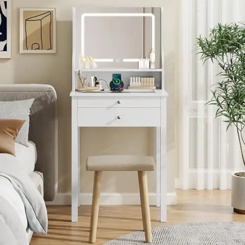 Produktbild: YU YUSING Schminktisch mit Beleuchtung LED Spiegel 2 Schubladen, Frisiertisch mit 2 Steckdosen USB-Anschluss Glastischplatte， Kosmetiktisch mit Hocker, Make-up Tisch Wohnzimmer Schlafzimmer, Weiß