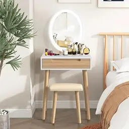 Produktbild: YU YUSING Schminktisch mit Beleuchtung, Schminktisch mit LED Spiegel Stuhl, Frisiertisch Kosmetiktisch mit Schubladen Hocker Einstellbarer Helligkeit, Frisierkommode Make Up Dressing Vanity, Eiche