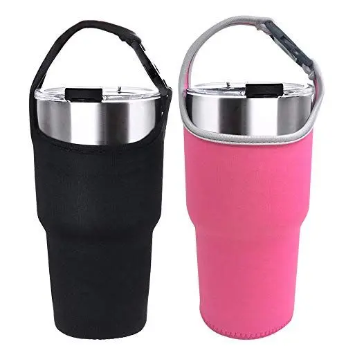 Produktbild: YuCool 2er Pack Tumbler Carrier Holder Pouch für alle 30 Unzen Edelstahl Reise Isolierte Kaffeetasse, Neoprenhülle mit Tragegriff, Fit für YETI Rambler Ozark Trail Rtic und More-Black, Rosy