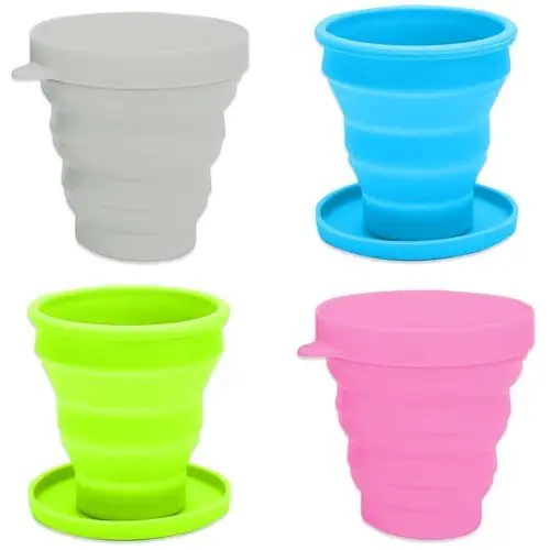 Produktbild: YUDAWN Faltbare Silikon-Becher, 4 Stück Faltbarer Reisebecher Outdoor Wiederverwendbares Tragbares Faltbarer Kaffeebecher Faltbecher Bundeswehr mit Deckel für Camping Reisen (150ML)