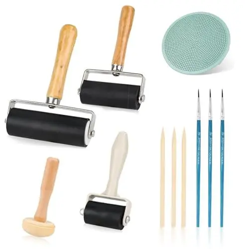 Produktbild: YUDAWN Linoldruck Set, 3 Stück Robuste Andrückrolle Gummiwalze Gummi Brayer Roller mit 1 Pilzwalze 1 Gravur Linolschnitt Werkzeug für Malerei Druck Tinten Tapeten Kunsthandwerk