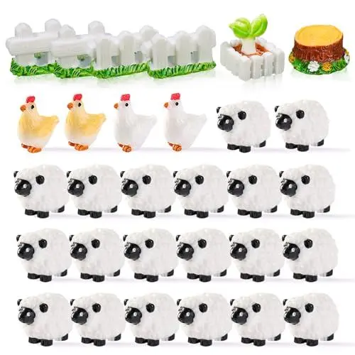 Produktbild: YUDAWN Miniatur Schaf Figuren, 30 stück Mini Schaf Deko Harz Schaf Statue Weiße Schaf Kuchenaufsatz Tortendeko Garten Micro Landschaft Ornament für DIY Puppenhaus Bonsai Desktop