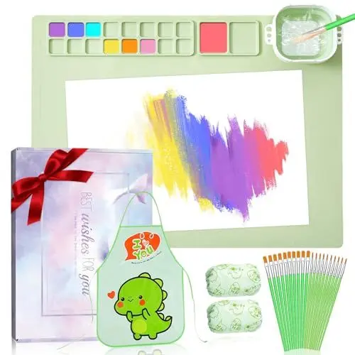 Produktbild: yuejuhe 5-teiliges Set Silikon Malmatte Malunterlage Abwaschbar, Bastelmatte zum Malen mit Sauberen Bechern für Malen, DIY Kunst, Ton (Grün)