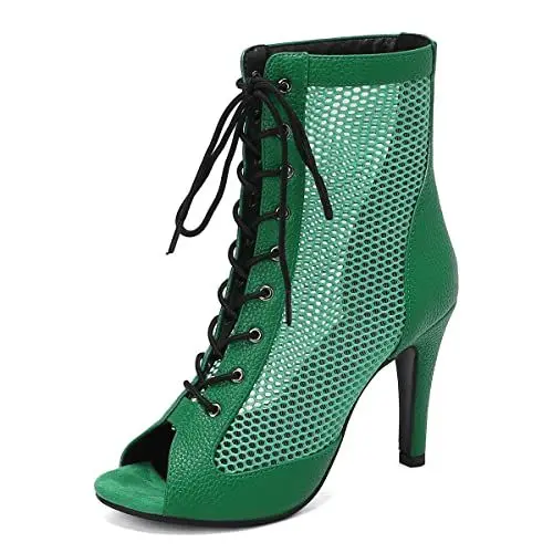 Produktbild: Yueldiwona Damen Burju Dance Heels Stiletto Gladiator Sandalen Sommerstiefel Peep Toe Dance Class ScHohe Schnüren Atmungsaktiv Mesh Stiefeletten Black Green Size 44