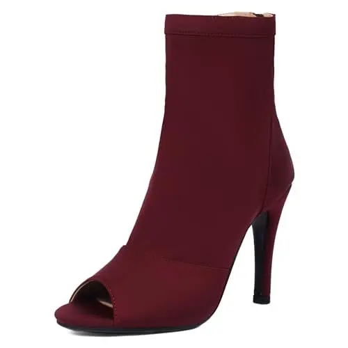 Produktbild: Yueldiwona Damen Elastisch Stiefeletten Gladiator Sandalen Stretch Burju Dance Class ScHohe Heels Sommerstiefel Peep Toe Zipper Stiletto Claret Size 38