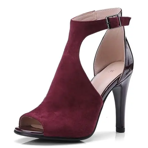 Produktbild: Yueldiwona Damen Sommerstiefel Peep Toe Gladiator Sandalen T Bar Dance Training Stiletto Mesh Stiefeletten Schnalle Claret Size 43