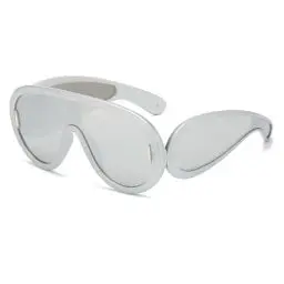 Produktbild: YUELUQU Mode Rave Sonnenbrille für Frauen Männer übergroße futuristische Schild Welle Maske Sonnenbrille Designer Stil (Silber/Silber)