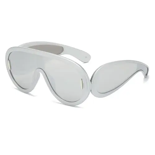 Produktbild: YUELUQU Mode Rave Sonnenbrille für Frauen Männer übergroße futuristische Schild Welle Maske Sonnenbrille Designer Stil (Silber/Silber)