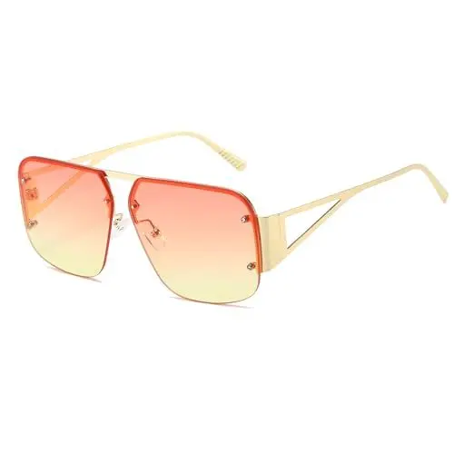 Produktbild: YUELUQU Retro Pilotenbrille Herren Damen Metall Halbrahmen Trendy übergroße quadratische Sonnenbrille (Gold/Gelbrosa)