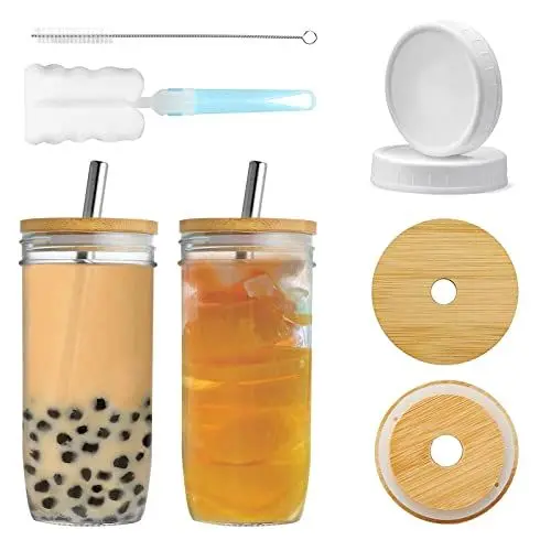 Produktbild: YUEYEE Masongläser mit Deckel und Strohhalmen,Bubble Tea Becher 24OZ Trinkgläser 2pcs Breiter Mund Mason Jar für DIY Lebensmittelsaft,Kaffee,Smoothie,Tee,Marmelade,Honig