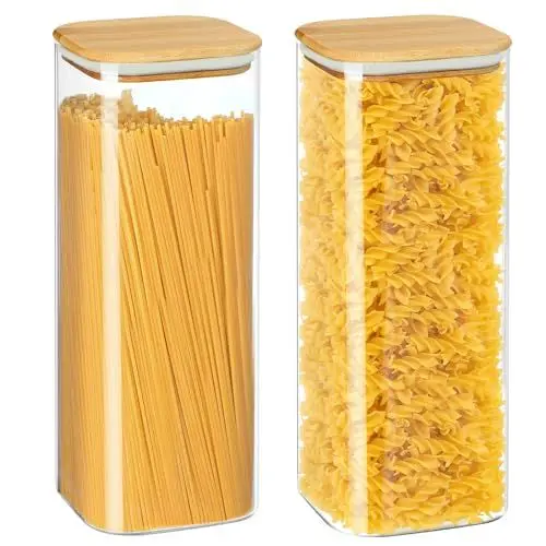 Produktbild: YUEYEE Spaghetti-Vorratsdose aus Glas mit Bambusdeckel, Glasbehälter mit Deckel, transparente Glasbehälter mit Deckel, für Nudeln, Nudeln, Mehl, Reis, Bohnen, Müsli, 2 Stück