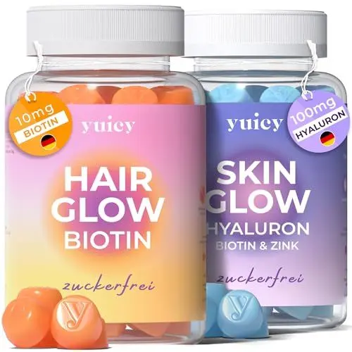 Produktbild: yuicy HAIR GLOW & SKIN GLOW Duo (120 Stück) 60 Stk. Biotin Haar Gummibärchen - 60 Stk. Hyaluronsäure Gummibärchen - Leckere & Zuckerfreie Vitamine - Hochdosiert für Haarwachstum, Haut & Nägel