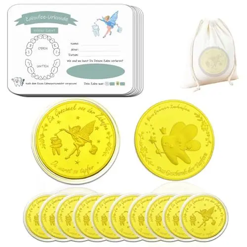 Produktbild: YUJUE Zahnfee Münzen,10 Stück Zahnfee Goldtalerund 10 Stück Zahnfee Urkunden, Zahnfee Geschenk,Goldmünzen Kinder,Verlorenen Zahn Kinder Geschenke Souvenir,Zahnfee Geschenke Ideen für Mädchen Junge