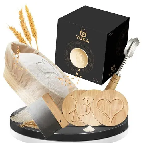 Produktbild: YUKA Profi Gärkörbchen oval für Brot 23cm (NEU) - Gärkorb set mit 3 Brotmuster-Plättchen (inkl. waschbarem Leineneinsatz) - Brotlaib wie von deinem Lieblingsbäcker - Gärkorb