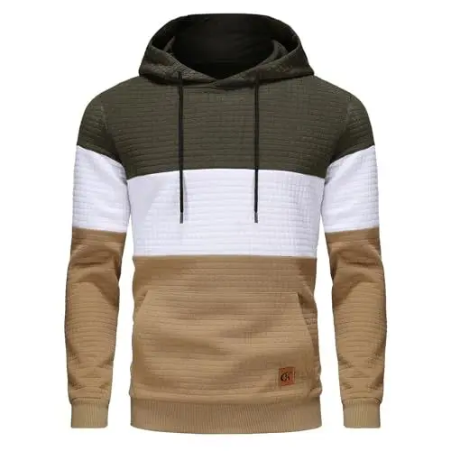 Produktbild: YuKaiChen Herren Pullover Herren Patchwork Hoodie Langarm Jacquard Kaputzenpullover Farbblock Sweatshirt mit Taschen Armeegrün Weiß Khaki Groß