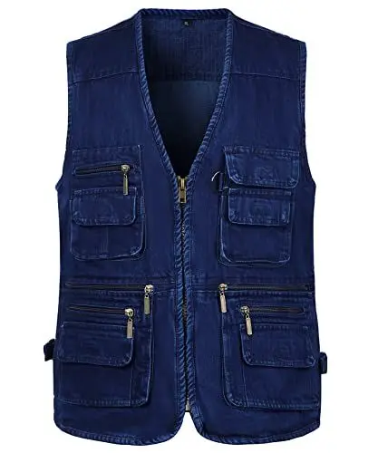 Produktbild: Yukirtiq Herren Angeln Weste ärmellos Freizeit Jagd Herrenwesten Sommer Trekking Wander Weste Reporterwesten Safari Weste mit Vielen Taschen, Denim, L