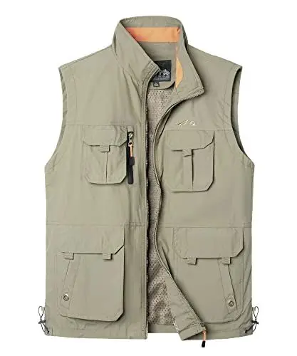 Produktbild: Yukirtiq Herren Sommer Outdoor Weste Leicht Atmungsaktiv Anglerweste Schnelltrocknend Safariweste Funktionsweste mit vielen praktischen Taschen Jagdweste Wandernweste, A-Khaki, L
