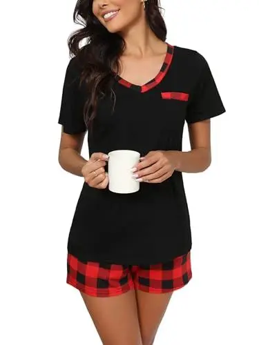 Produktbild: Yukiuiny Damen Schlafanzug Kurz Pyjama Baumwolle Sommer Shorty Zweiteiliger Nachtwäsche schwarz Oberteil + rot schwarz Karierte Hose, S