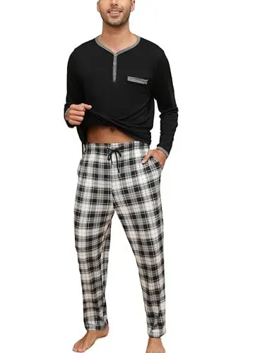 Produktbild: Yukiuiny Herren Schlafanzug Lang Baumwolle Pyjama Set Zweiteiliger Nachtwäsche Langarm Shirt mit Knopfleiste Karierte Hose schwarz, XXL
