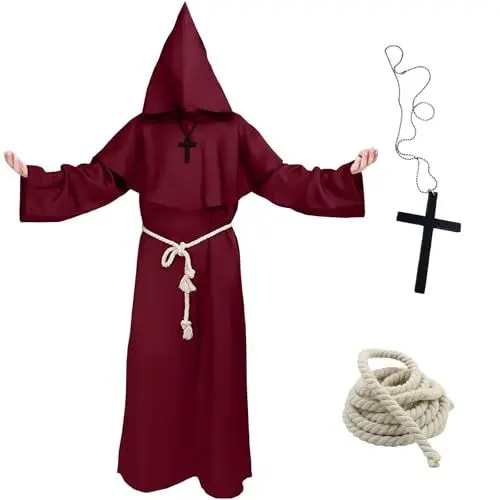 Produktbild: yumcute Halloween Mönch Kostüm, Priester Robe Mönch Kostüm, Mönch Kostüm Robe Mittelalter Renaissance Robe, Cosplay Mönchskostüm, mit Kreuz-Halskette und Kordel, für Halloween Karneval