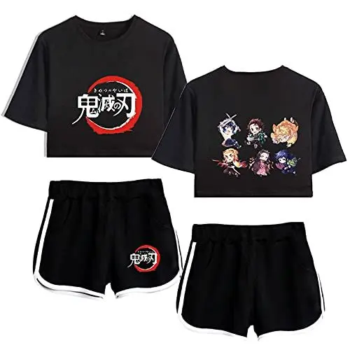 Produktbild: Yumenam Damen Anime Crop Top und Shorts 2 Stück Anzug Kimetsu no Yaiba Gedruckt Sommer Kurzarm T-Shirts + Kurze Hose Pyjama-Set Trainingsanzüge Cosplay Outfits