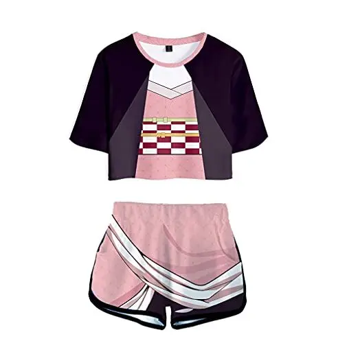 Produktbild: Yumenam Damen Demon Slayer Anime 3D Drucken Crop Top und Shorts 2 Stück Cosplay Outfits Sommer Kurzarm T-Shirts Shorts Trainingsanzüge Sportanzug Pyjama-Set