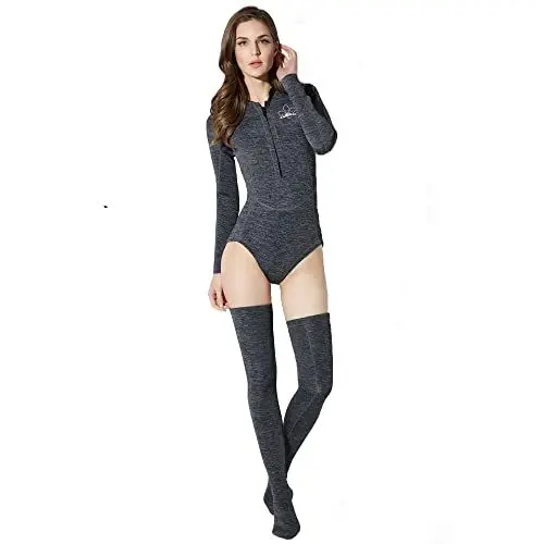 Produktbild: Yumenam Damen Neoprenanzug Shorty 2mm Neopren Langarm Frontreißverschluss Badeanzug Uvschutz Wetsuit Einfarbig Einteiler Tauchanzug mit Overknee-Neoprensocken für Schnorcheln Surfen Schwimmen Tauchen