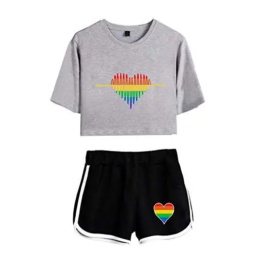 Produktbild: Yumenam LGBT Gay Pride Trainingsanzüge Regenbogen Herz Gedruckt Crop Top T-Shirts und Shorts 2 Stück Anzug Pyjama Set Sommer Freizeitanzug Sportanzug Outfits