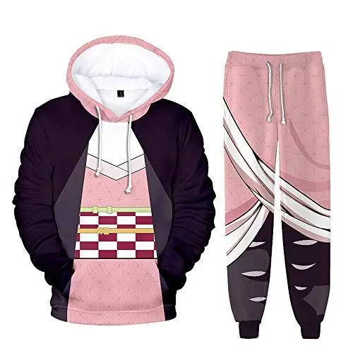 Produktbild: Yumenam Unisex Demon Slayer 2PCS Trainingsanzug Kimetsu no Yaiba 3D Drucken Langarm Kapuzenpullover + Sweathose Sportsuit Sweatshirts Lange Hose Hip Hop Streetwear Sportswear