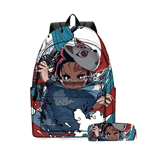 Produktbild: Yumenam Unisex Rucksack + Federmäppchen Tanjirou Nezuko 3D Anime Druck Casual Daypack Laptop Rucksack Schoolbag Multifunktions-Rucksack für Jungen und Mädchen Demon Slayer Fans