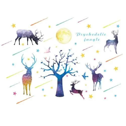 Produktbild: YunBey Wandtattoo Waldtiere Hirsch Wandsticker Wald Natur Wandtattoo Baum Kinderzimmer Hirsch Vollmond Sternschnuppen Wandaufkleber für Schlafzimmer Kinderzimmer Wohnzimmer