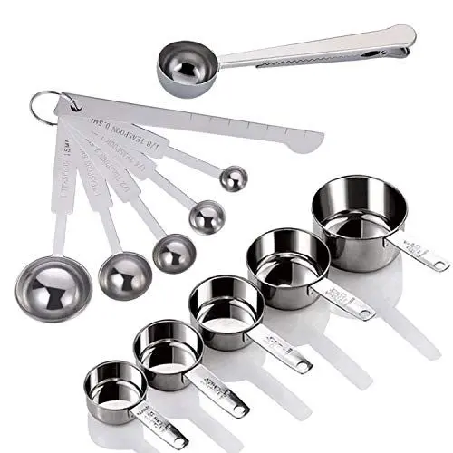 Produktbild: Yuning Edelstahl Messbecher und Löffel mit Messlineal, Scoop mit Clip,Küche Umrechnungstabelle Set von 12er-Set, für Trockene und Flüssige Zutaten (Silber)