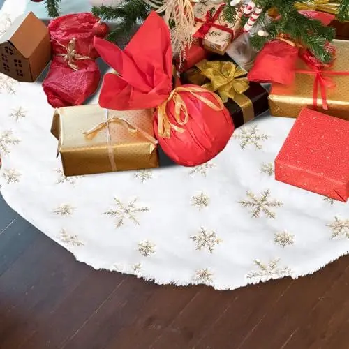 Produktbild: Yuning Weihnachtsbaum Röcke Weihnachtsbaumdecke Weiß Plüsch Rund Weihnachtsbaum Decke Christbaumdecke Christbaumständer Teppich mit Schneeflocke Pailletten Weihnachtsbaum Dekor(Gold-122CM)