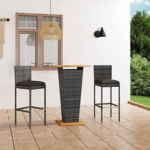 Produktbild: Yunir 3-teiliges Patio Bar Tisch Set, PE Rattan Outdoor Wicker Bar Höhe Bistro Möbel mit Holz Tischplatte, Stahlrahmen, Kissen, für Garten Balkon Veranda Am Pool