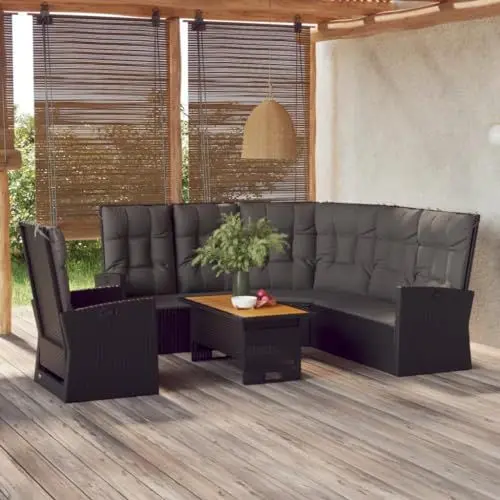 Produktbild: Yunir 3-teiliges Terrassenmöbel-Set, Rattan-Gartenlounge mit Schwarzen Kissen, Couchtisch aus Massivholz für Hinterhof, Balkon, Rasen und Garten, Schwarz