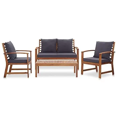 Produktbild: Yunir 4-teiliges Terrassenmöbel-Set, Outdoor-Stuhl aus Massivem Akazienholz mit Tisch, Rückenkissen, Korbstühle, Gesprächssofa, für Veranda, Terrasse, Balkon, Hinterhof