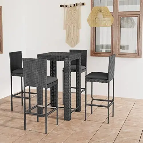 Produktbild: Yunir 5-teiliges Set aus Balkonstühlen und Tisch, 4-teiliges Set mit Barstühlen und Bartisch, Outdoor-Barhocker-Set aus Korbgeflecht, Stahlrahmen, für Terrasse, Pool, Hinterhof