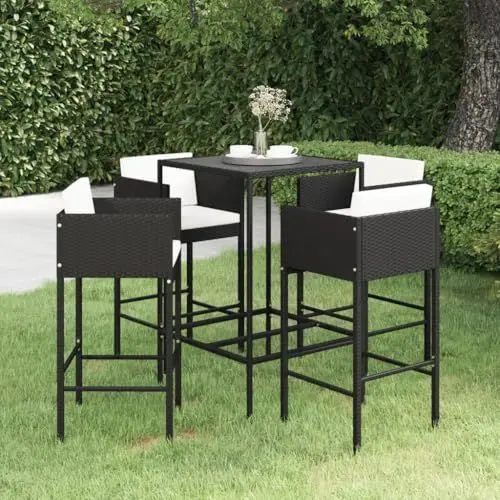 Produktbild: Yunir 5-teiliges Terrassen-Bar-Set, Terrassen-Bistro-Set aus Rattangeflecht, Bartisch-Stühle-Set, Terrassenmöbel mit 4 Stühlen und Kissen, Terrassen-Bistrotisch Im Freien für den