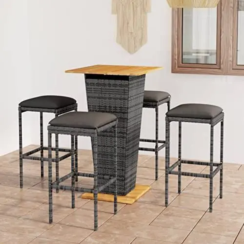 Produktbild: Yunir 5-teiliges Terrassen-Bartisch-Set, Outdoor-Bistro-Set aus Korbgeflecht, Bartisch-Set, Terrassenmöbel und 4 Hocker mit Kissen, Outdoor-Bistro-Möbel für Hinterhof, Pool, Balkon