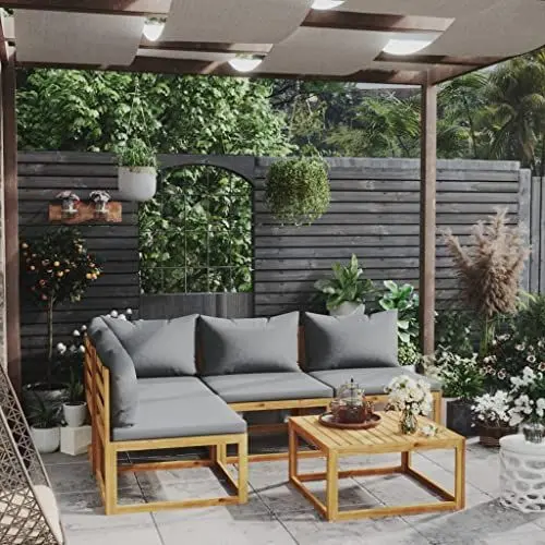 Produktbild: Yunir 5-teiliges Terrassenmöbel-Set, Modulares Outdoor-Sofa aus Massivem Holz mit Tisch, Stoffkissen, Konversationssofa mit Korbstühlen, für Veranda, Terrasse, Balkon, Hinterhof