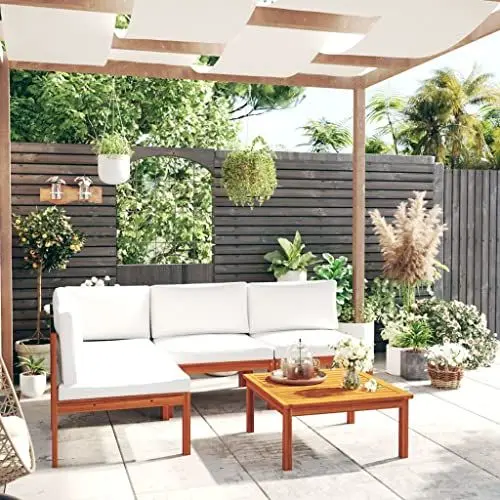 Produktbild: Yunir 5-teiliges Terrassenmöbel-Set, Outdoor-Sofa aus Geöltem Holz mit Tisch, Sitz- und Rückenkissen, Garten-Lounge-Set aus Korbgeflecht, für Deck, Balkon, Hinterhof