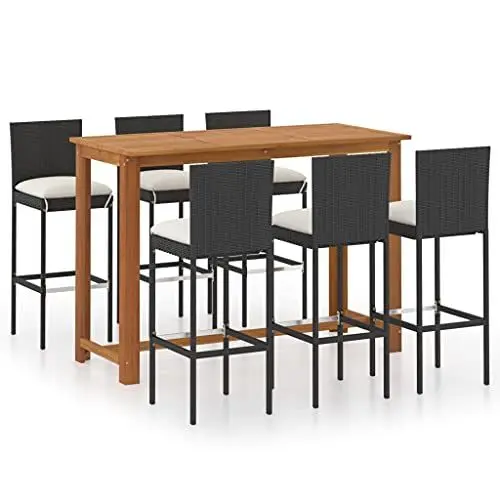 Produktbild: Yunir 7-teiliges Outdoor-Bar-Set aus Schwarzem Holz und 6 Barhockern mit Cremefarbenen Kissen, Poly-Rattan-Terrassenmöbel und Bartisch-Set aus Metall für Garten, Pool, Hinterhof