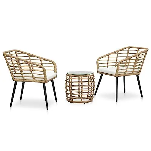 Produktbild: Yunir 3-teiliges Outdoor-Bistro-Set aus Korbgeflecht, Rattantisch mit Glastischplatte und Stühlen Im 2er-Set, für den Garten, den Hinterhof, den Rasen, die Veranda, den Balkon Am Pool