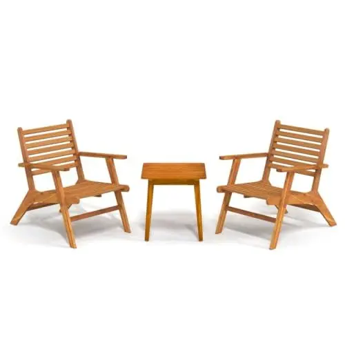 Produktbild: Yunir Outdoor-Bar-Hinterhofmöbel-Set, 3-teilig, Holz mit Öl-Finish, Barstühle mit Rückenlehnen und Armlehnen, Tisch, Terrassen-, Garten- und Balkonmöbel, Pflegeleicht, Braun