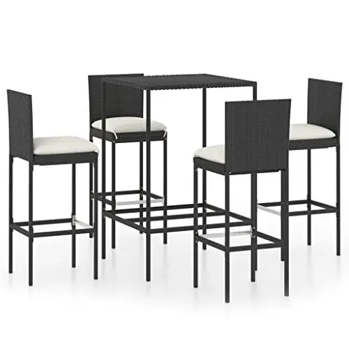 Produktbild: Yunir Outdoor-Bar-Hinterhofmöbel-Set mit 5 Stück, Holz-Bartisch-Set mit 4 Barhockern, Cremeweißen Kissen, Polyrattan, Stahl, für Garten, Balkon, Hof