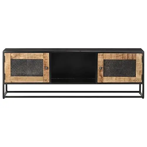 Produktbild: Yunir TV-Ständer aus Holz, Entertainment-Center mit Aufbewahrungsschrank, Rahmen aus Beschichtetem Eisen, Handgeschnitzt, Stereoschrank aus Mangoholz für Wohnzimmer und Büro, 120 X 30