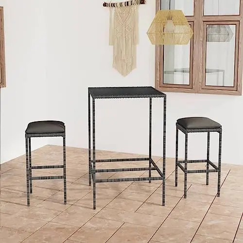 Produktbild: Yunir Terrassen-Bar-Set, 3-teiliges Outdoor-Bistro-Set aus Polyrattan mit 2 Sitzkissen, Graues Outdoor-Bartisch- und Hocker-Set, für Terrasse Am Pool, Hinterhof, Garten
