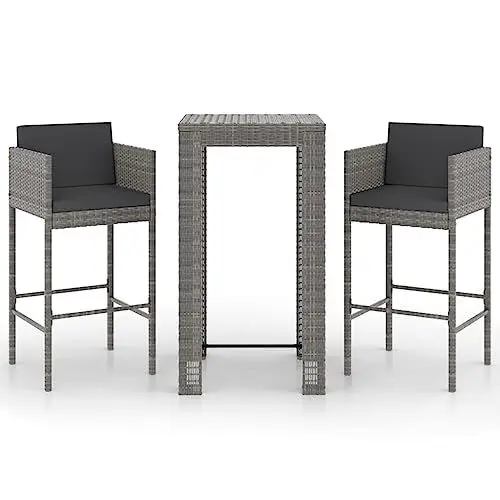 Produktbild: Yunir Terrassen-Bar-Set, 3-teiliges Terrassenmöbel-Set, Outdoor-Bistro-Konversationsset aus Polyrattan, Graue Outdoor-Gartentisch-Stuhlmöbel mit Kissen, für Hinterhof-Pool, Balkon